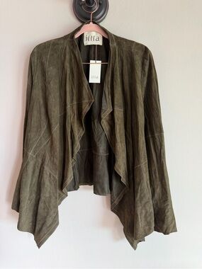 Illia Olive Green Suede Leather Draped Open Front Waterfall Jacket Size 10 NEW